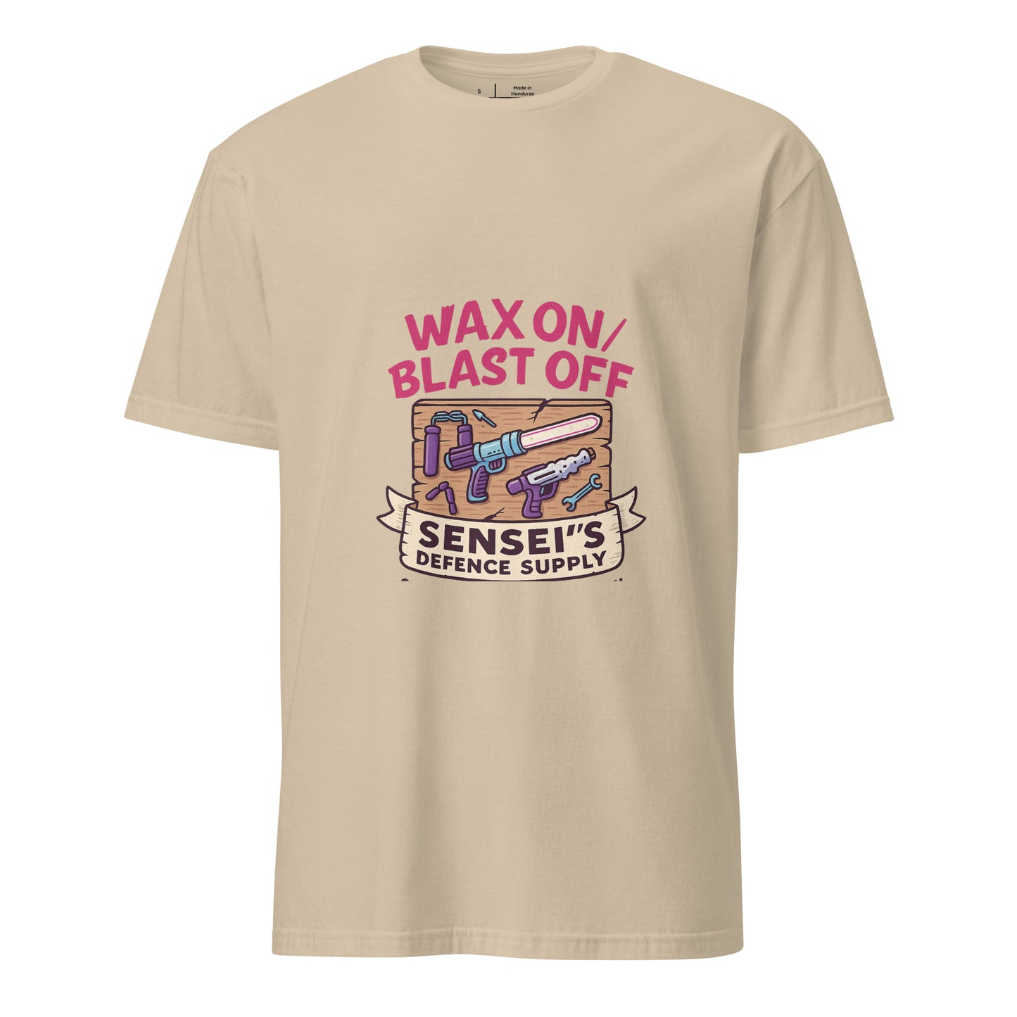 Wax On/Blast Off – Retro Karate Space - Short-Sleeve Unisex T-Shirt - Graphic Tee - Sand - Front