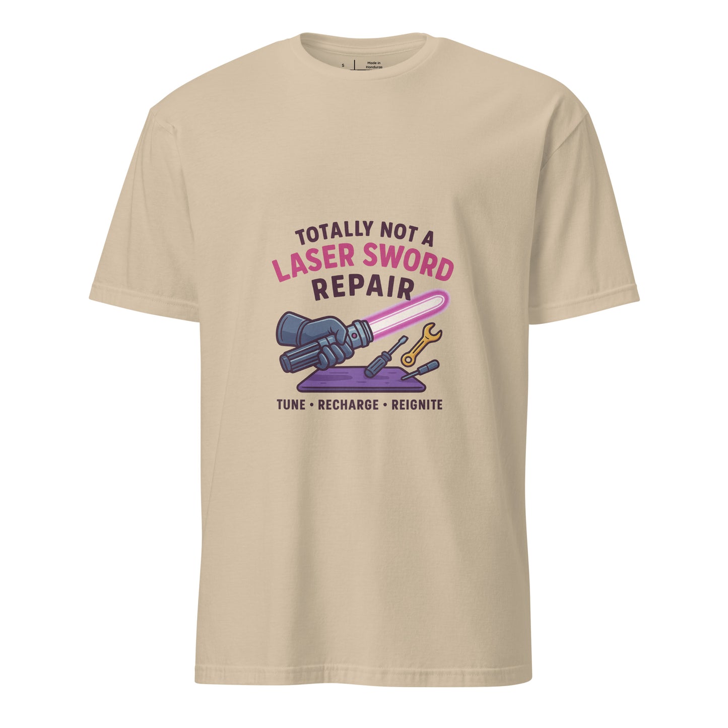 Totally Not A Laser Sword Repair – Galactic Fixes, Off The Books - Short-Sleeve Unisex T-Shirt - Graphic Tee - Sand - Front