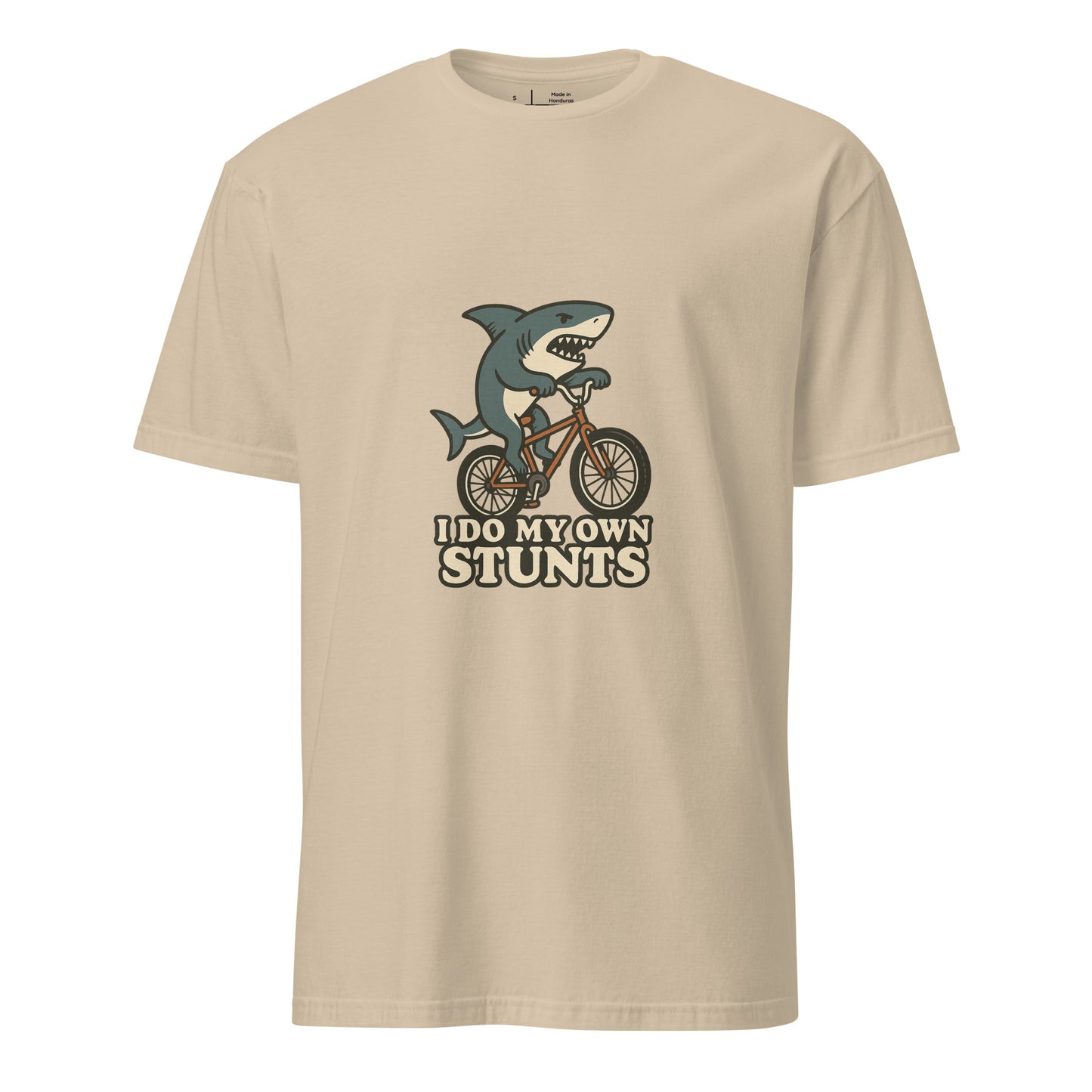 I Do My Own Stunts – Cartoon Shark BMX  - Short-Sleeve Unisex T-Shirt - Graphic Tee - Sand - Front