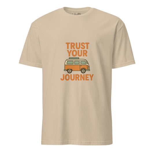 Trust Your Journey – Retro Camper Van - Short-Sleeve Unisex T-Shirt - Graphic Tee - Sand - Front
