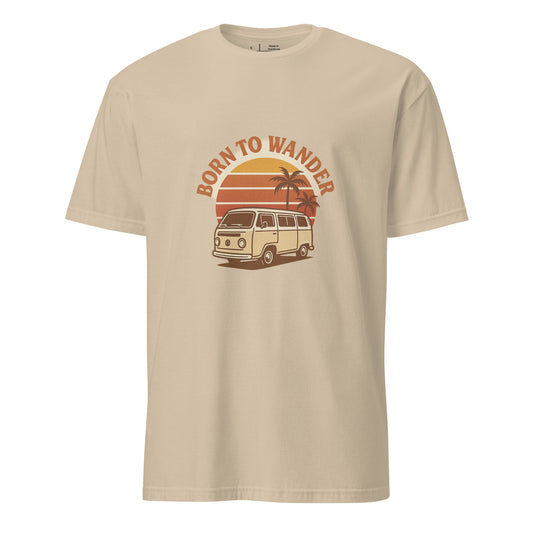 Born To Wander – Sunset Camper Edition - Short-Sleeve Unisex T-Shirt - Graphic Tee - Sand - Front