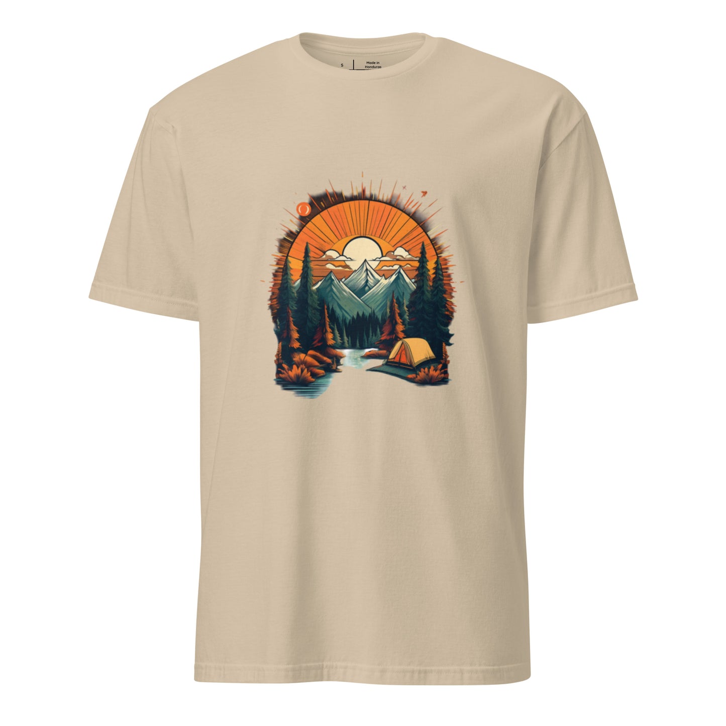 Golden Sunset Camping Escape – Adventure - Short-Sleeve Unisex T-Shirt - Graphic Tee - Sand - Front