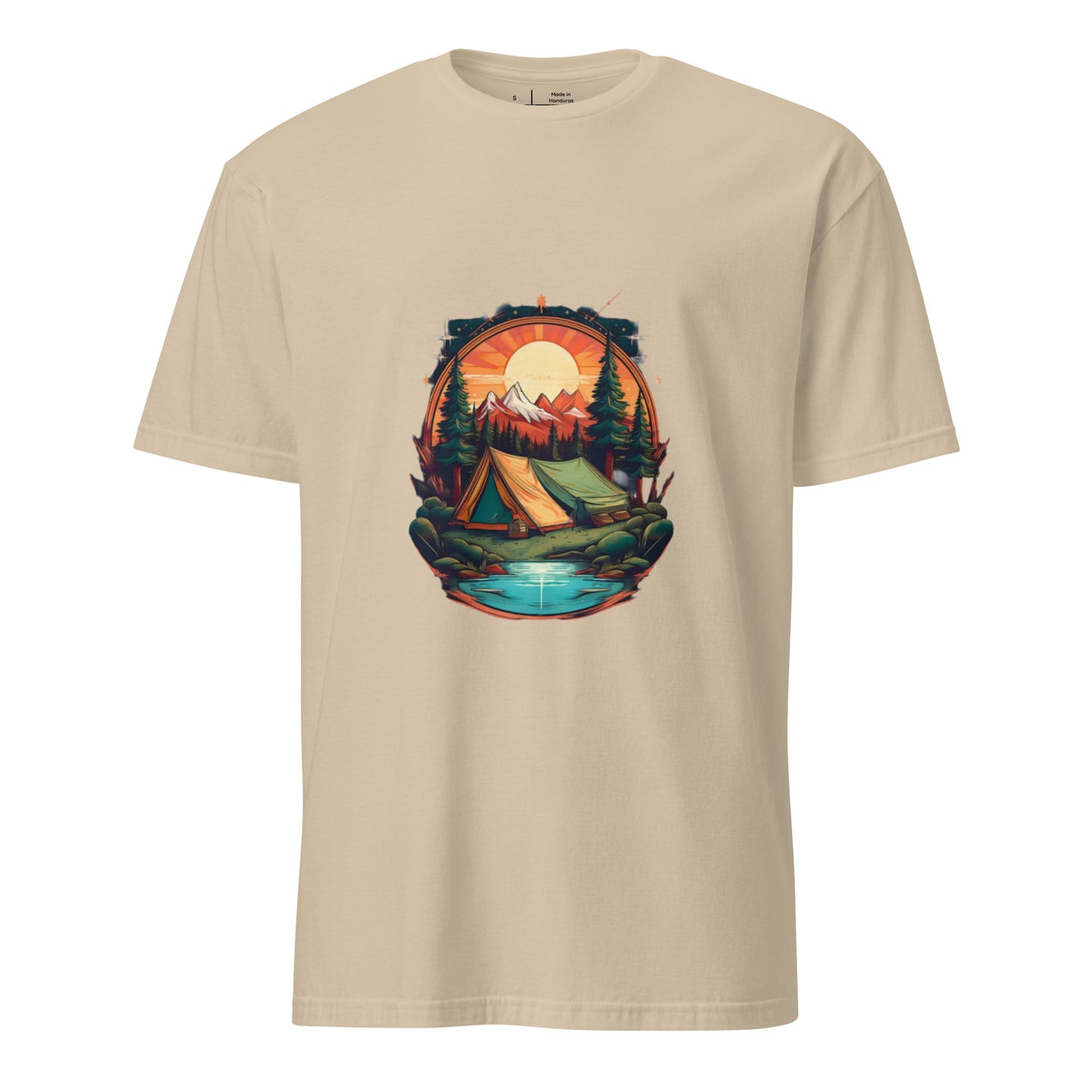 Golden Escape – Twin Tent Adventure - Short-Sleeve Unisex T-Shirt - Graphic Tee - Sand - Front