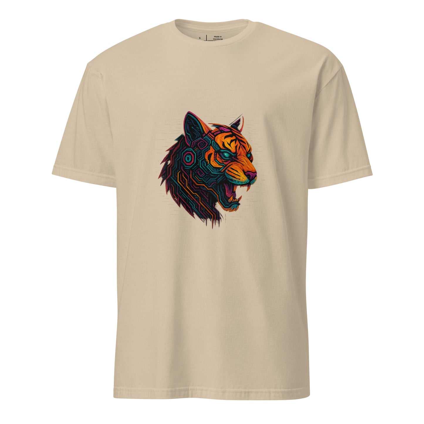 Cyber Tiger – Neon Predator - Short-Sleeve Unisex T-Shirt - Graphic Tee - Sand - Front