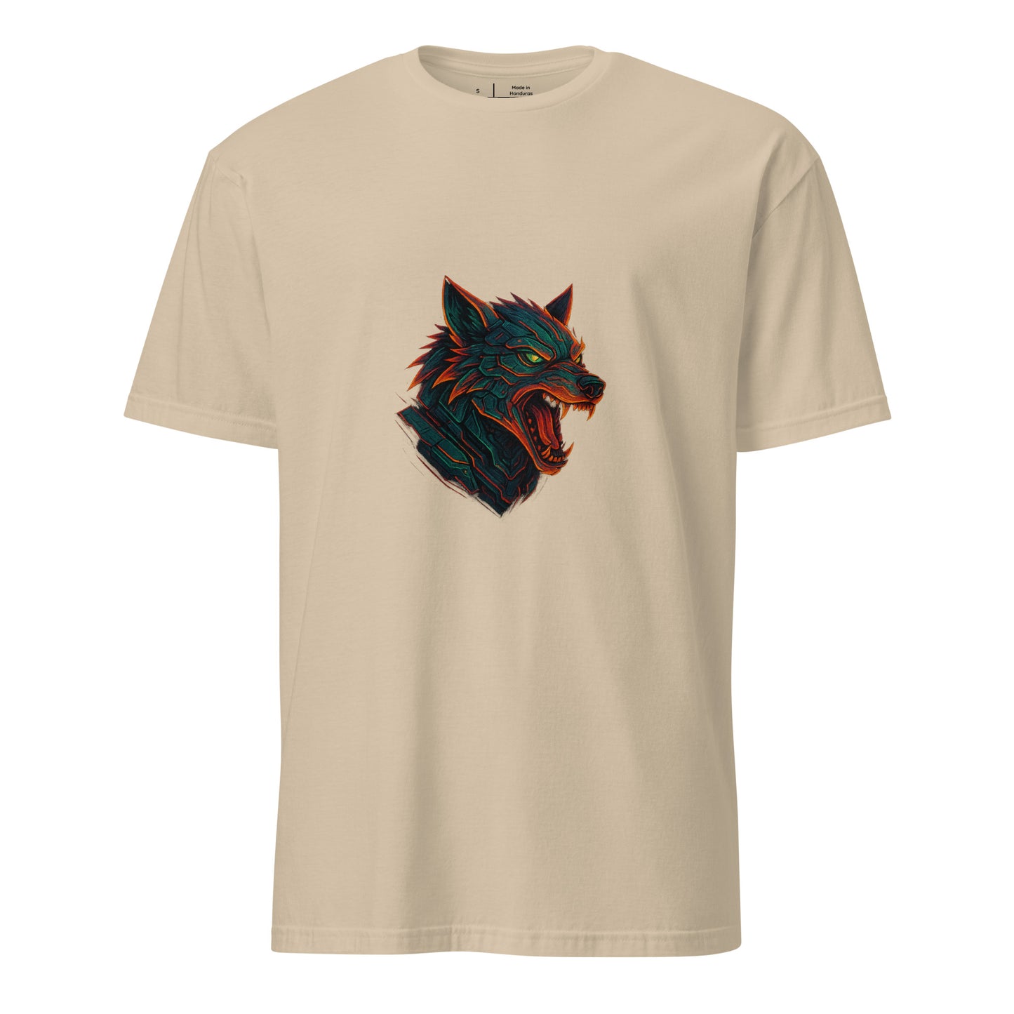 The Wolf Overdrive – Cyber Wolf Unleashed - Short-Sleeve Unisex T-Shirt - Graphic Tee - Sand - Front