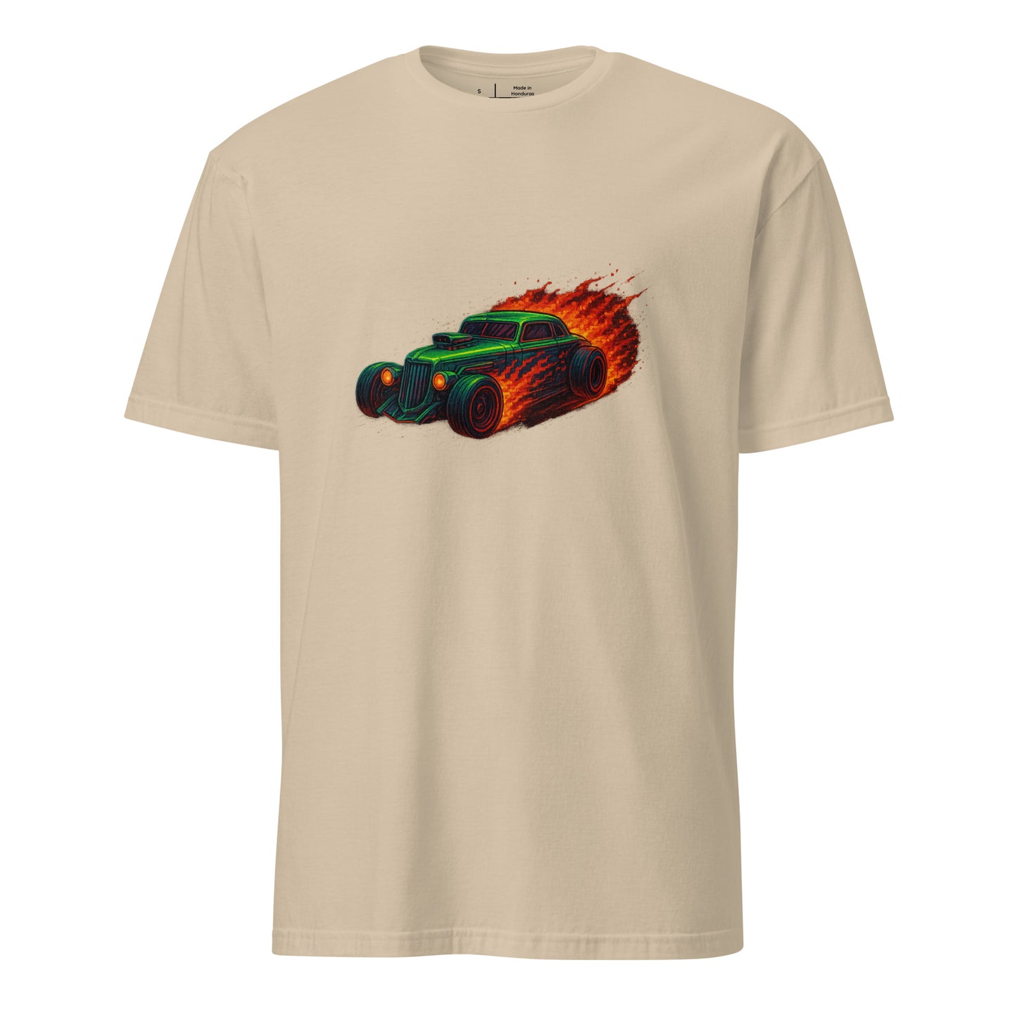 Pixel Hot Rod – Retro Fire Meets Digital - Short-Sleeve Unisex T-Shirt - Graphic Tee - Sand - Front
