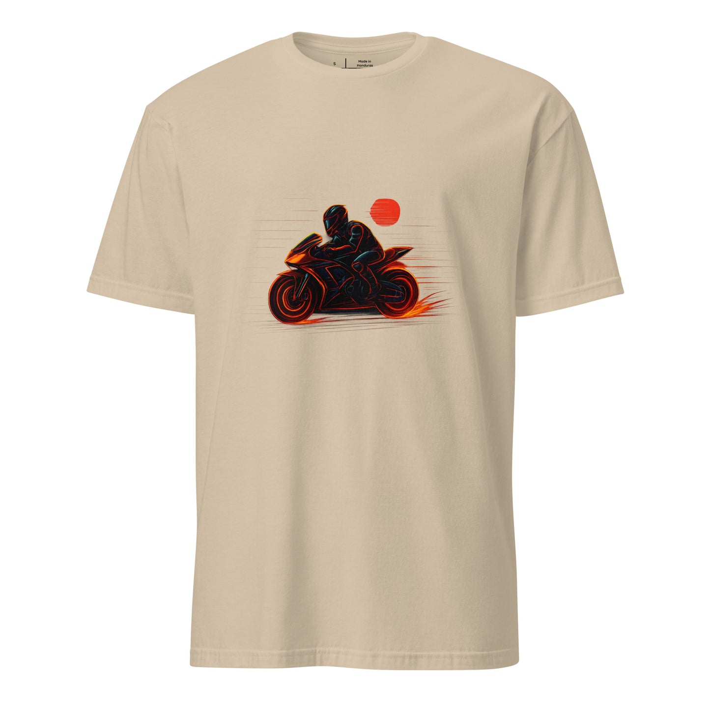 Neon Rider – Blaze Through the Digital Highway - Short-Sleeve Unisex T-Shirt - Graphic Tee - Sand - Front