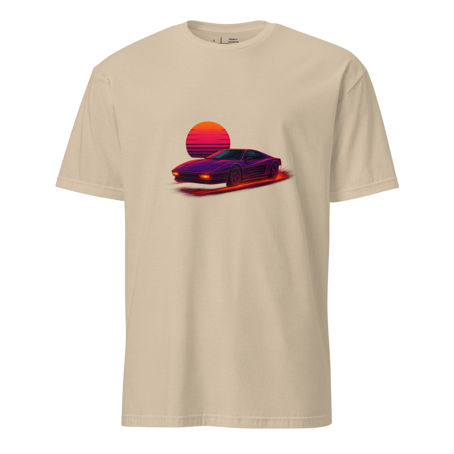 Synthwave Supercar – Race Into The Neon Future - Short-Sleeve Unisex T-Shirt - Graphic Tee - Sand - Front