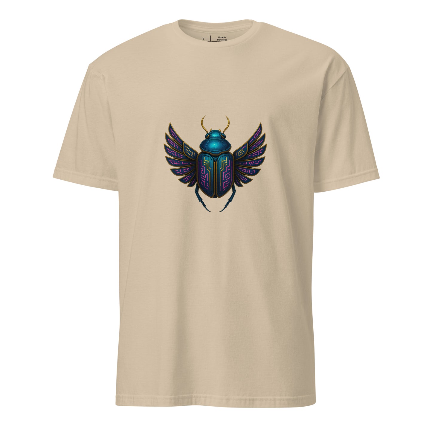 Mecha Scarab Beetle – Neon Tech Guardian - Short-Sleeve Unisex T-Shirt - Graphic Tee - Sand - Front