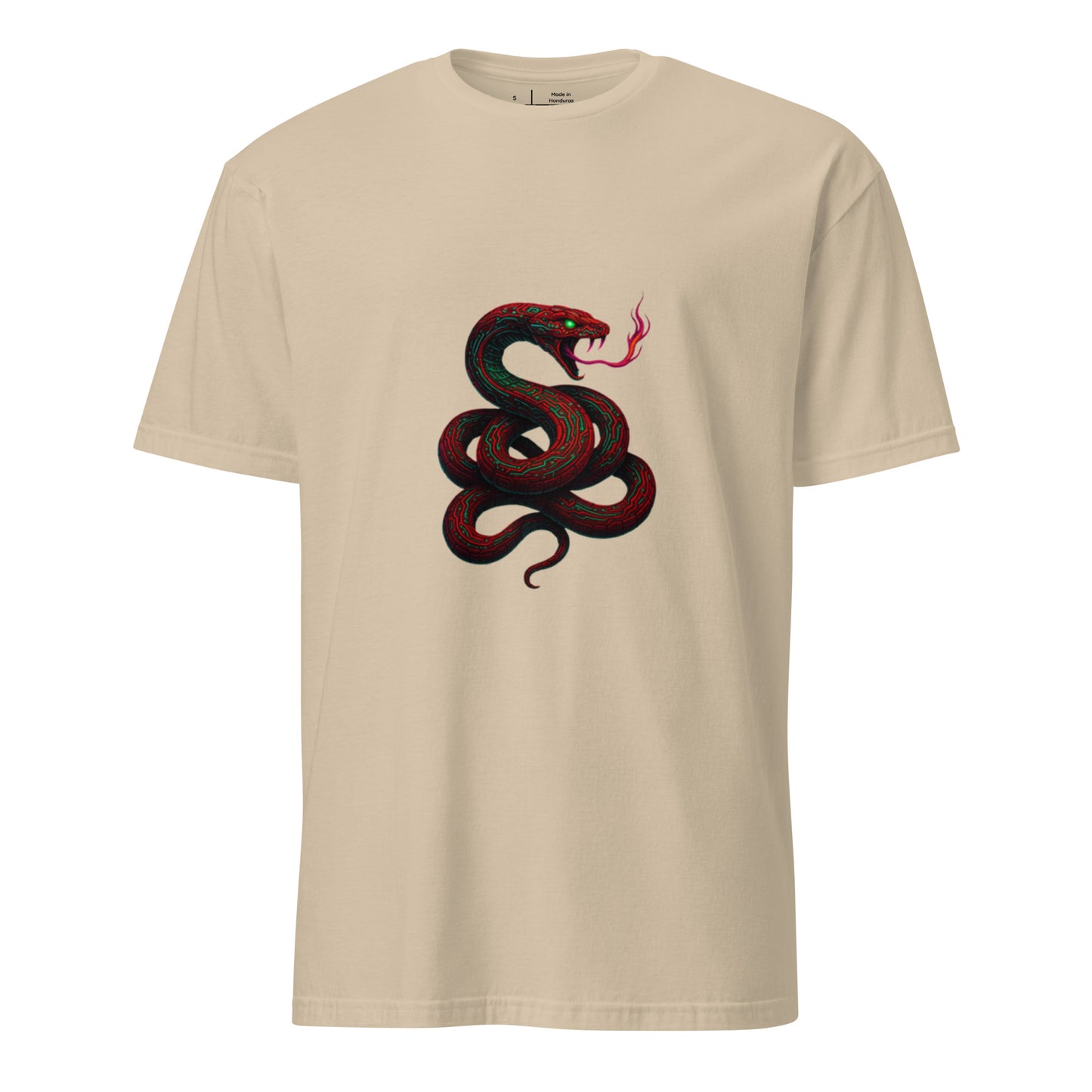 Circuit Serpent – Neon Tech Snake - Short-Sleeve Unisex T-Shirt - Graphic Tee - Sand - Front