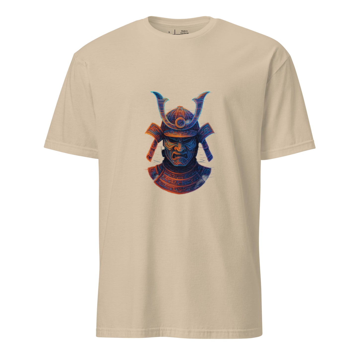 Holographic Samurai Helmet – Neon Warrior - Short-Sleeve Unisex T-Shirt - Graphic Tee - Sand - Front