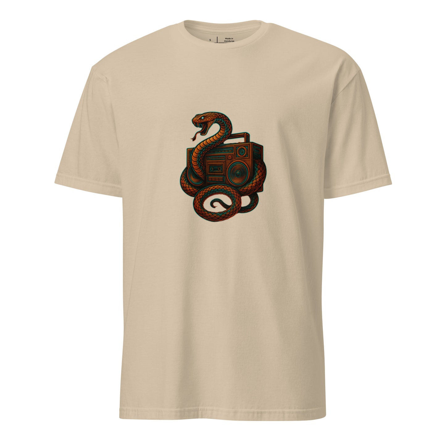 Bassline Serpent – Snake & Soundwaves - Short-Sleeve Unisex T-Shirt - Graphic Tee - Sand - Front