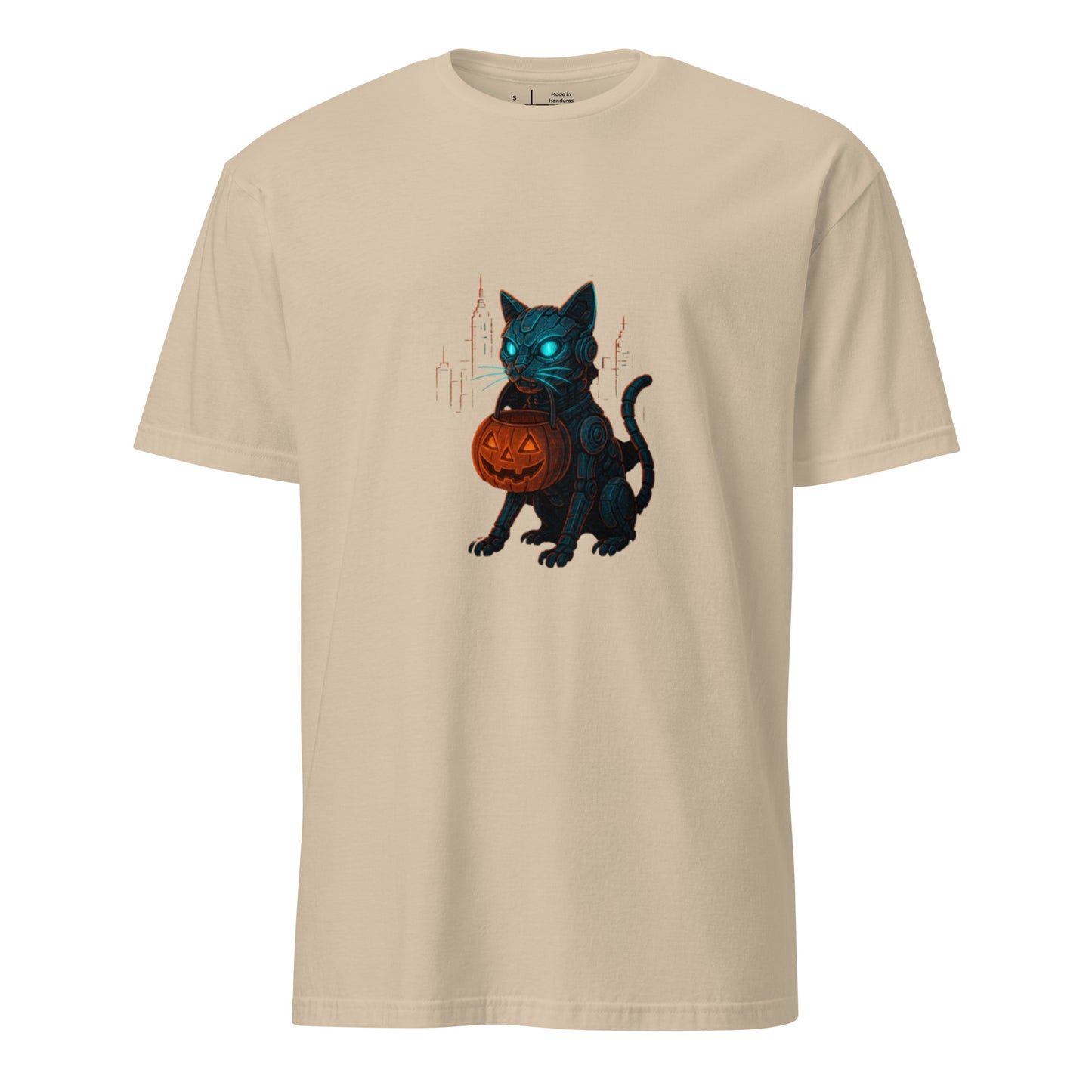 Trick-or-Treat Cyborg Cat – Cyberpunk Halloween Glow - Short-Sleeve Unisex T-Shirt - Graphic Tee - Sand - Front
