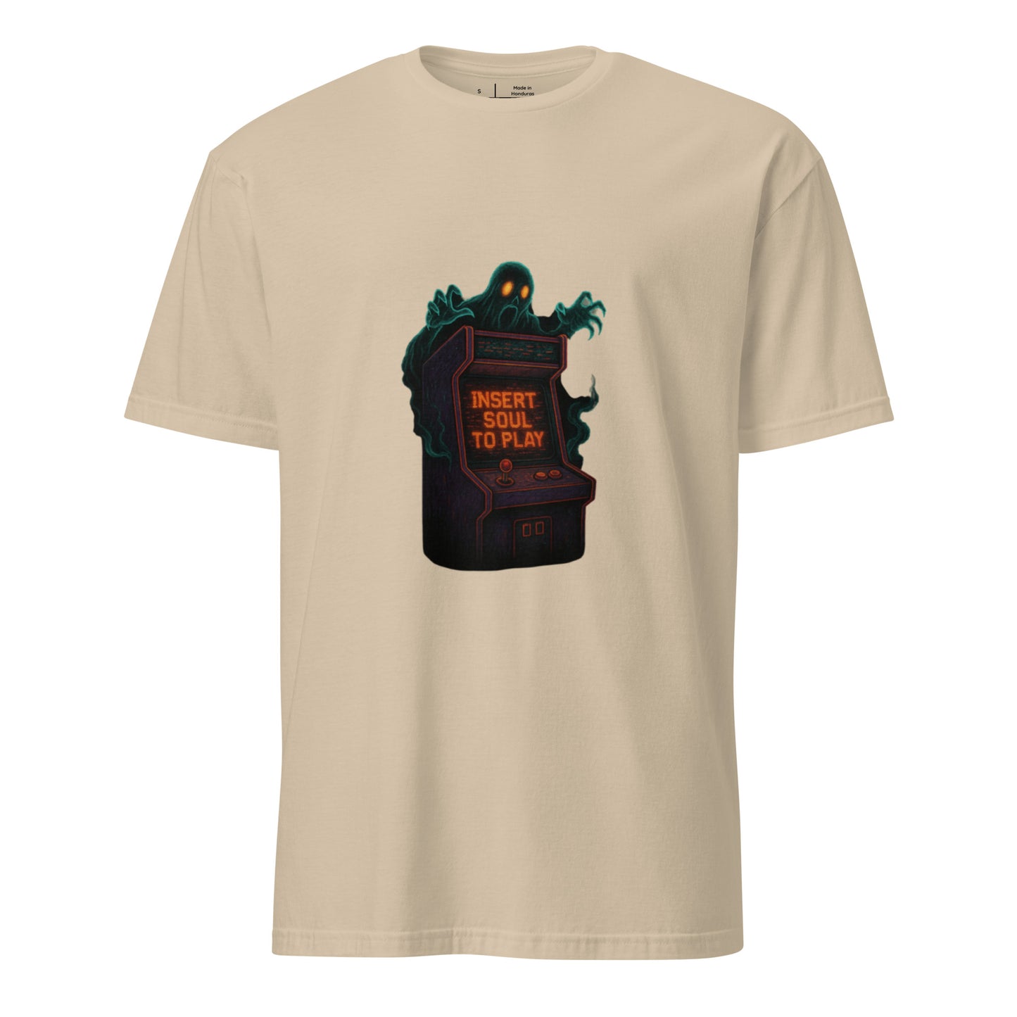 Haunted Neon Arcade Machine – “Insert Soul to Play” Retro Horror - Short-Sleeve Unisex T-Shirt - Graphic Tee - Sand - Front
