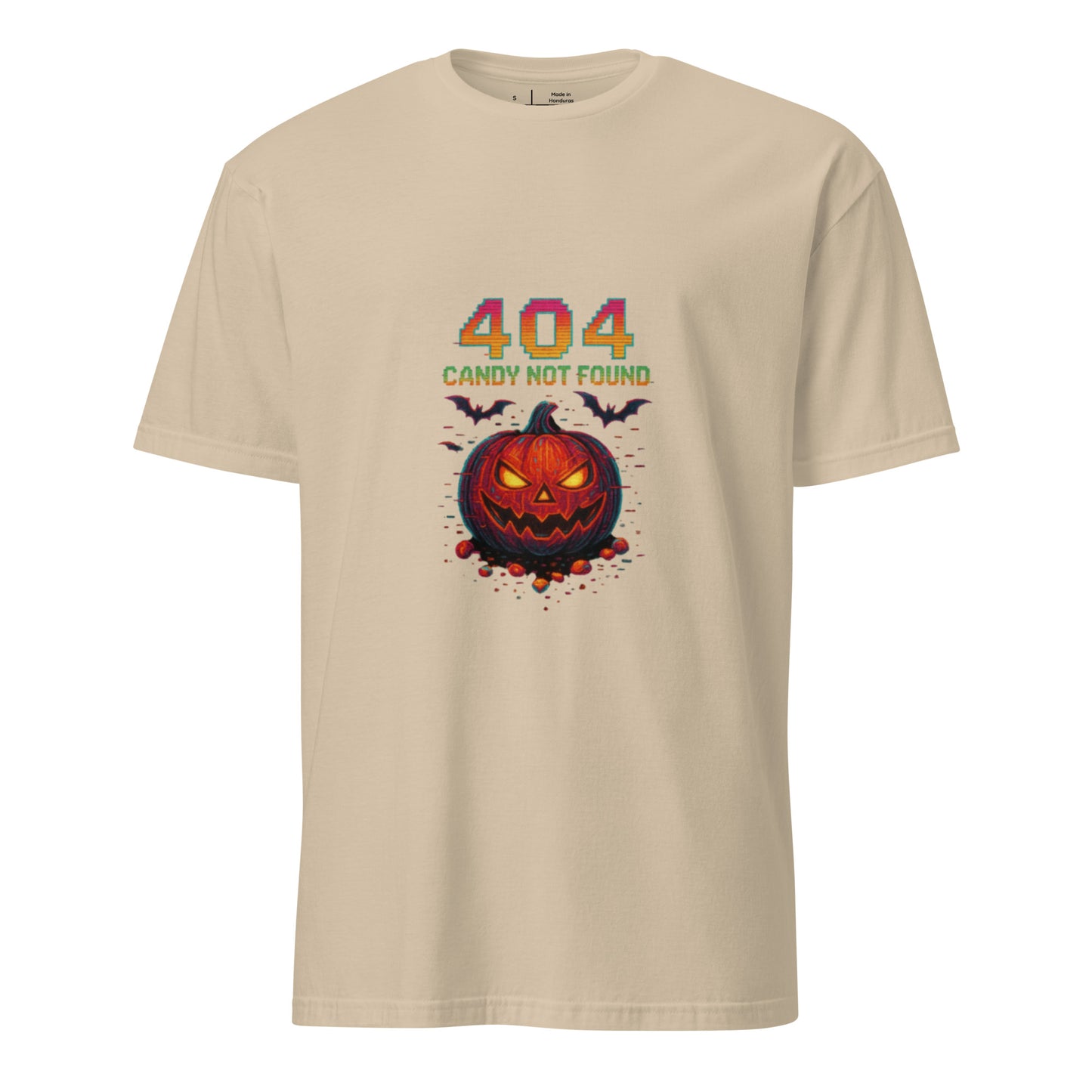 404 Candy Not Found – Cyberpunk Pumpkin Glitch - Short-Sleeve Unisex T-Shirt - Graphic Tee - Sand- Front