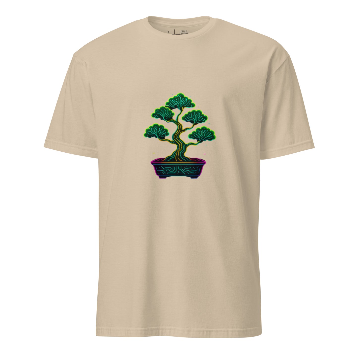 Cyber Bonsai – Neon Nature Fusion - Short-Sleeve Unisex T-Shirt - Graphic Tee - Sand - Front