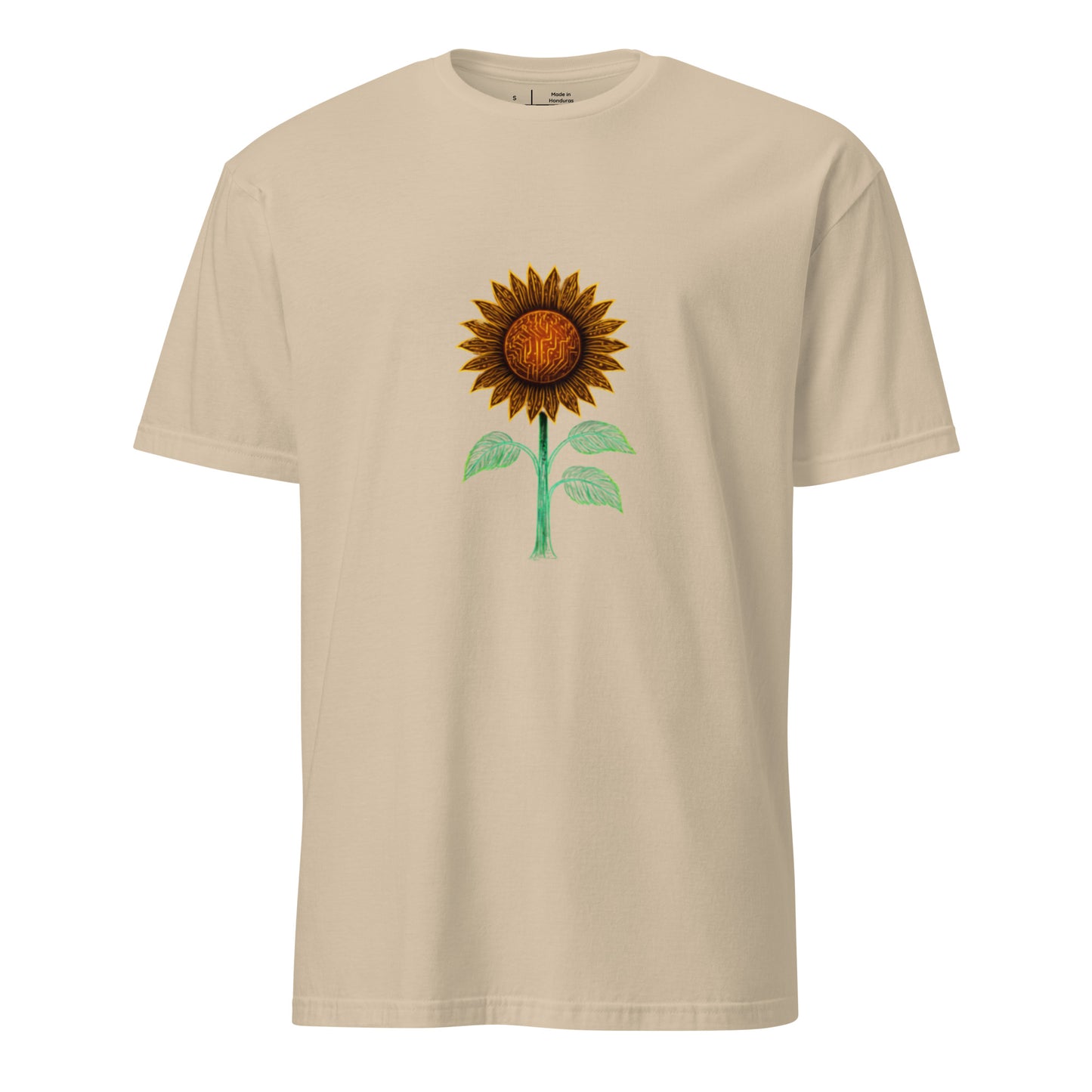 Circuitry Sunflower – Neon Tech Bloom - Short-Sleeve Unisex T-Shirt - Graphic Tee - Sand - Front