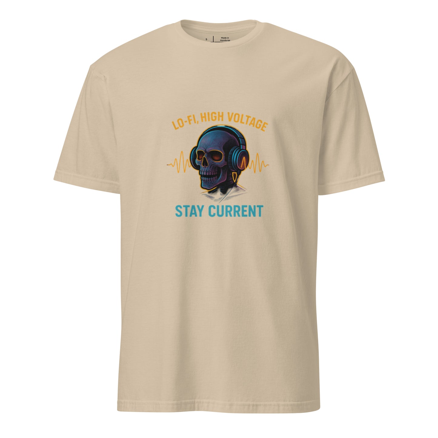 Lo-Fi, High Voltage – Cyberpunk Skull Music - Short-Sleeve Unisex T-Shirt - Graphic Tee - Sand - Front