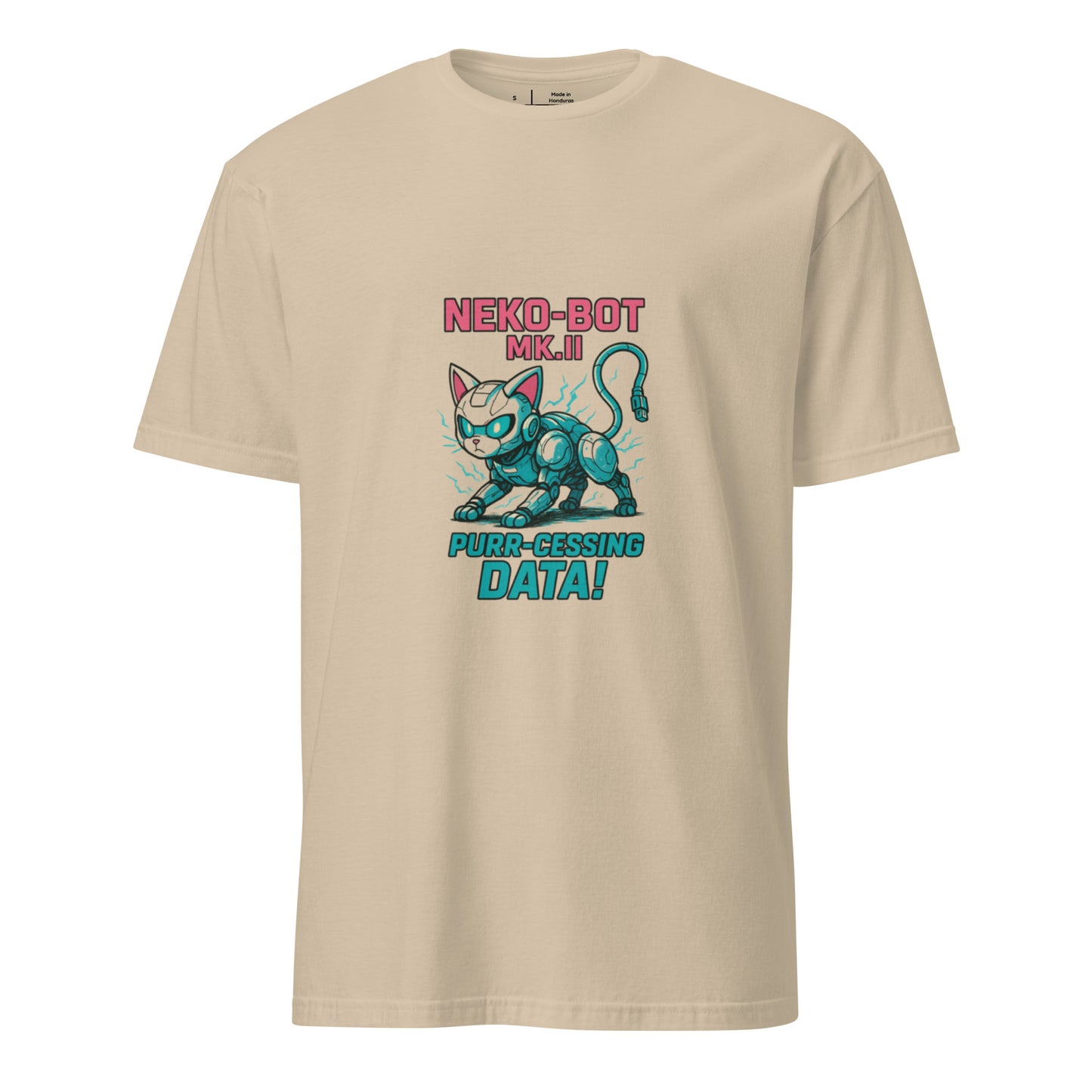 Neko-Bot Mk. II – “Purr-cessing Data…” - Short-Sleeve Unisex T-Shirt - Graphic Tee - Sand - Front