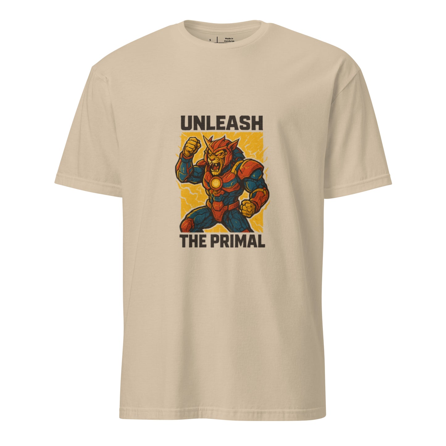 Thunder Primal Overdrive – Tech-Totem Fusion Warrior - Short-Sleeve Unisex T-Shirt - Graphic Tee - Sand - Front