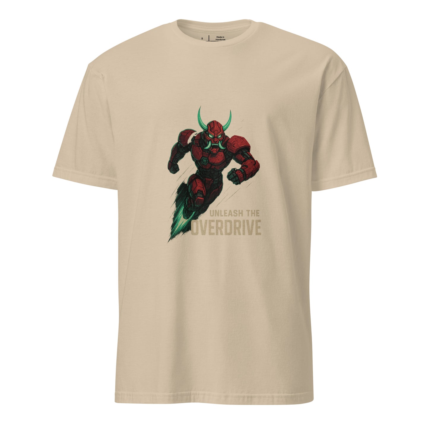 Cyber Oni Overdrive – “Unleash the Overdrive.” - Short-Sleeve Unisex T-Shirt - Graphic Tee - Sand - Front