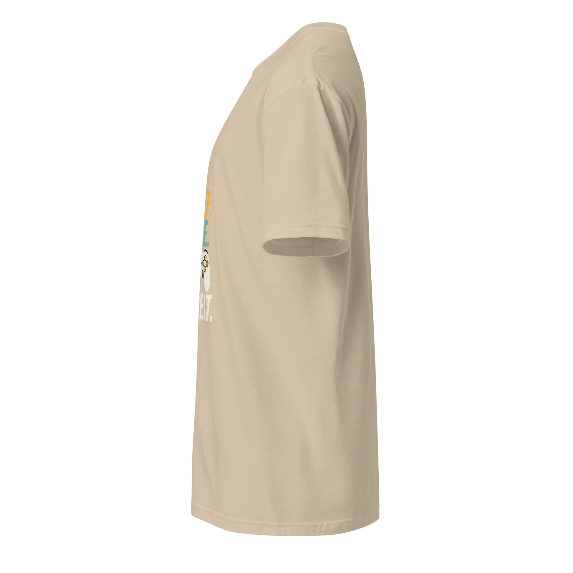 "Eat. Sleep. Game. Repeat." Retro Gamer - Short-Sleeve Unisex T-Shirt - Graphic Tee - Sand - Left side