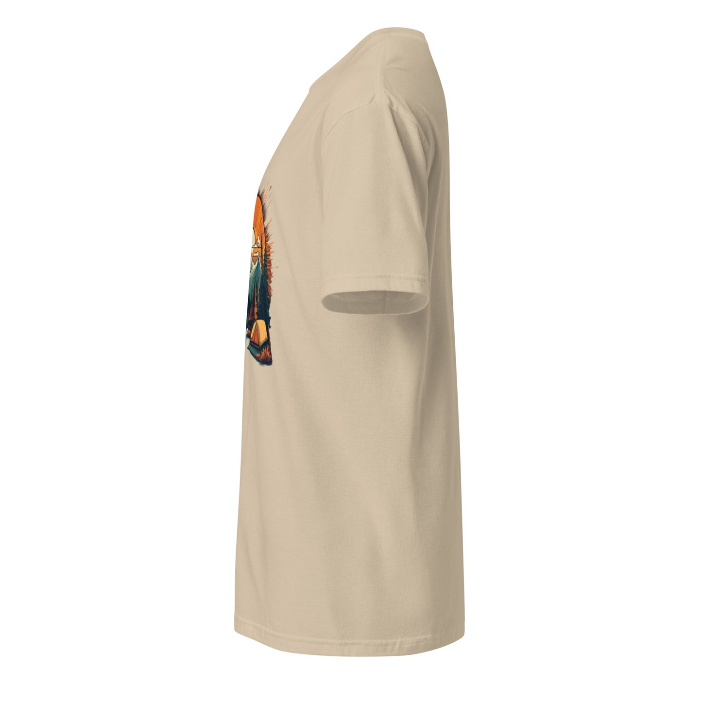 Golden Sunset Camping Escape – Adventure - Short-Sleeve Unisex T-Shirt - Graphic Tee - Sand - Left side
