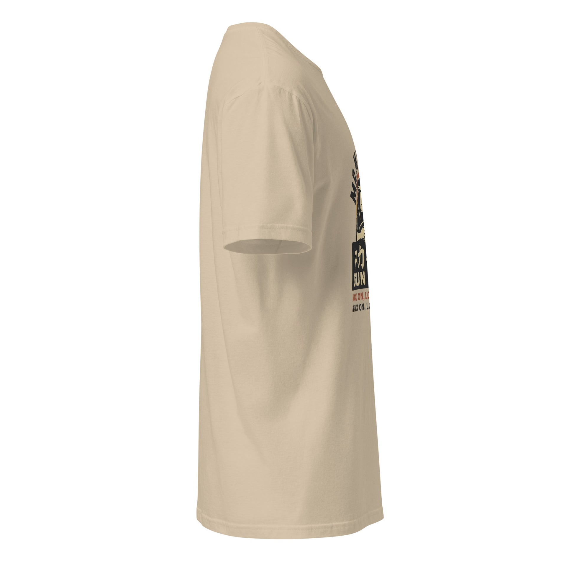 Mr. Miyagi’s Gun Shop – Wax On, Lock & Load - Short-Sleeve Unisex T-Shirt - Graphic Tee - Sand - Right side