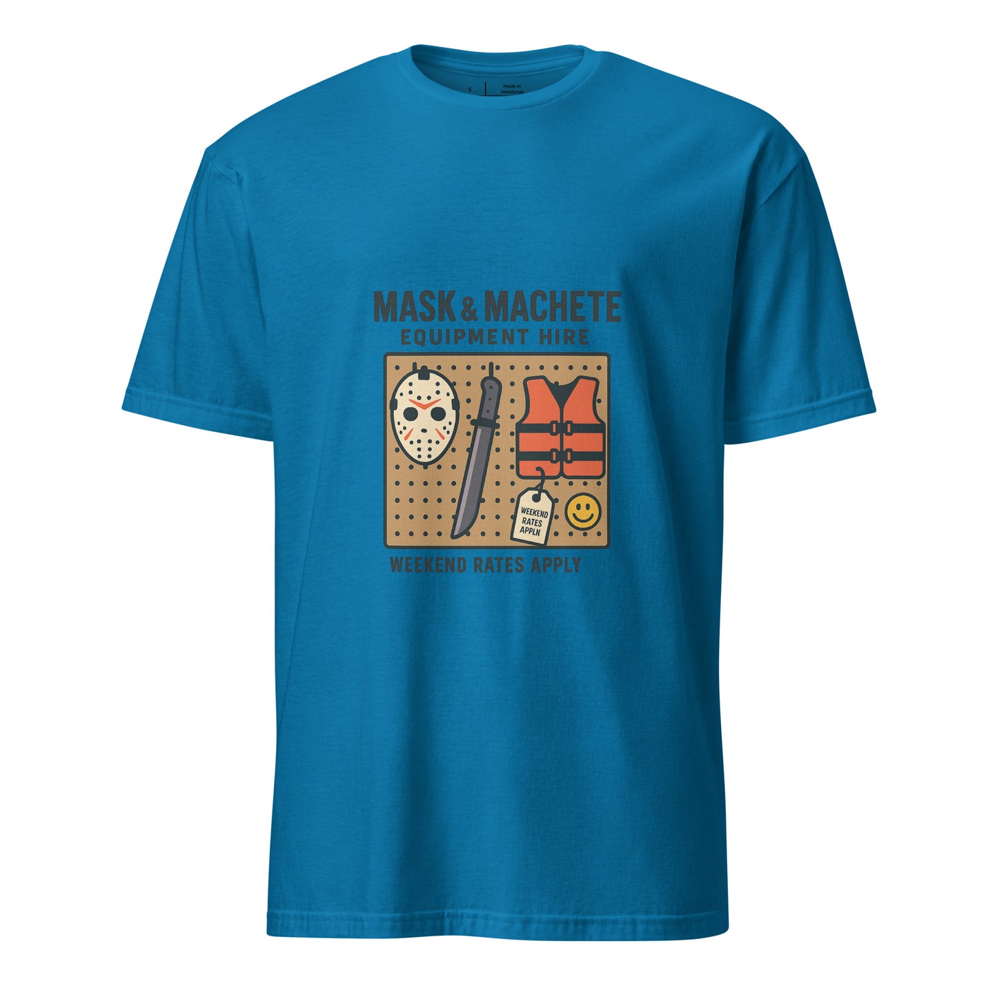 Mask & Machete Equipment Hire – For All Your Slasher Needs - Short-Sleeve Unisex T-Shirt - Graphic Tee - Sapphire - Front