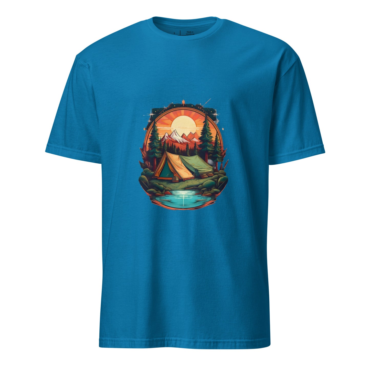 Golden Escape – Twin Tent Adventure - Short-Sleeve Unisex T-Shirt - Graphic Tee - Sapphire - Front 