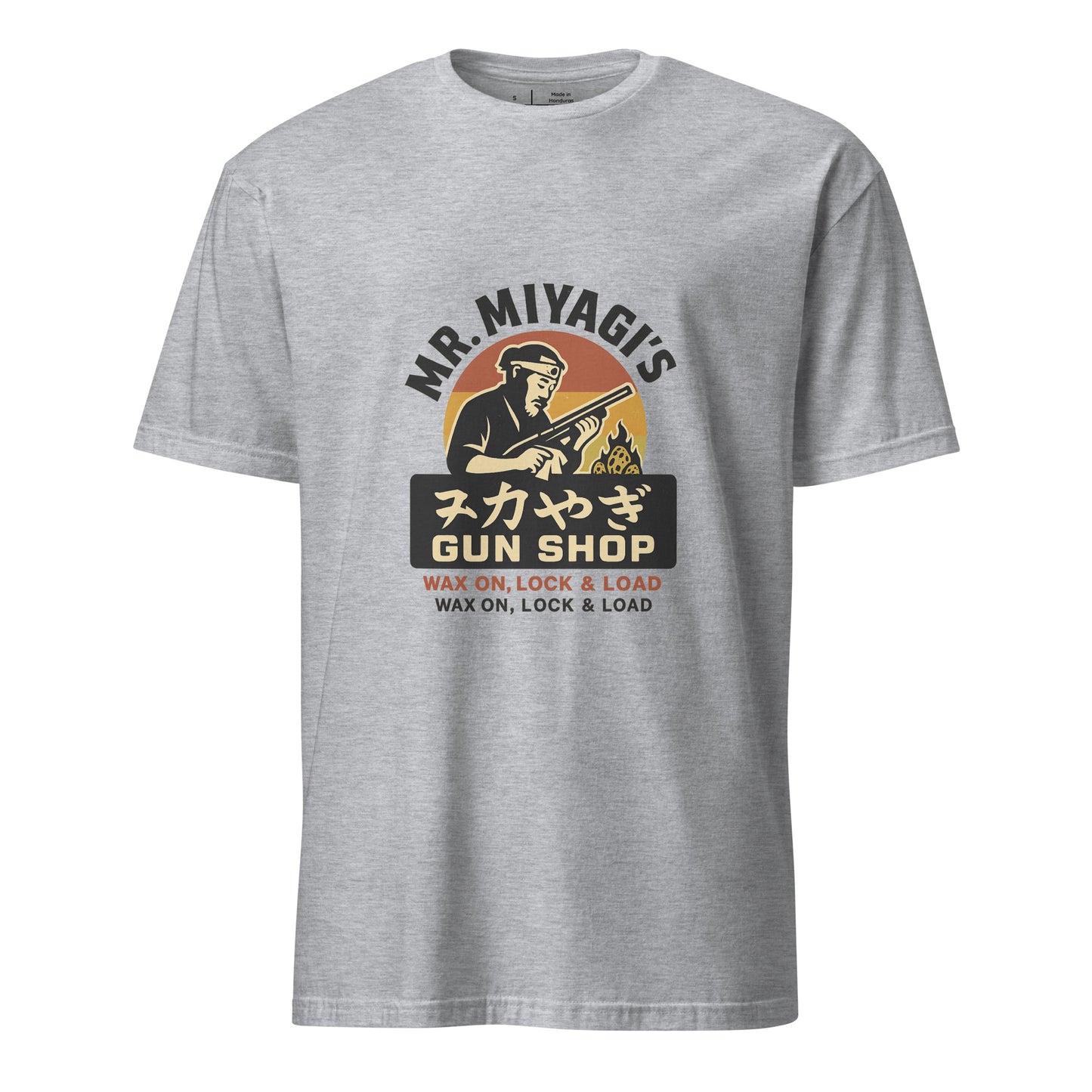 Mr. Miyagi’s Gun Shop – Wax On, Lock & Load - Short-Sleeve Unisex T-Shirt - Graphic Tee - Sport Grey - Front