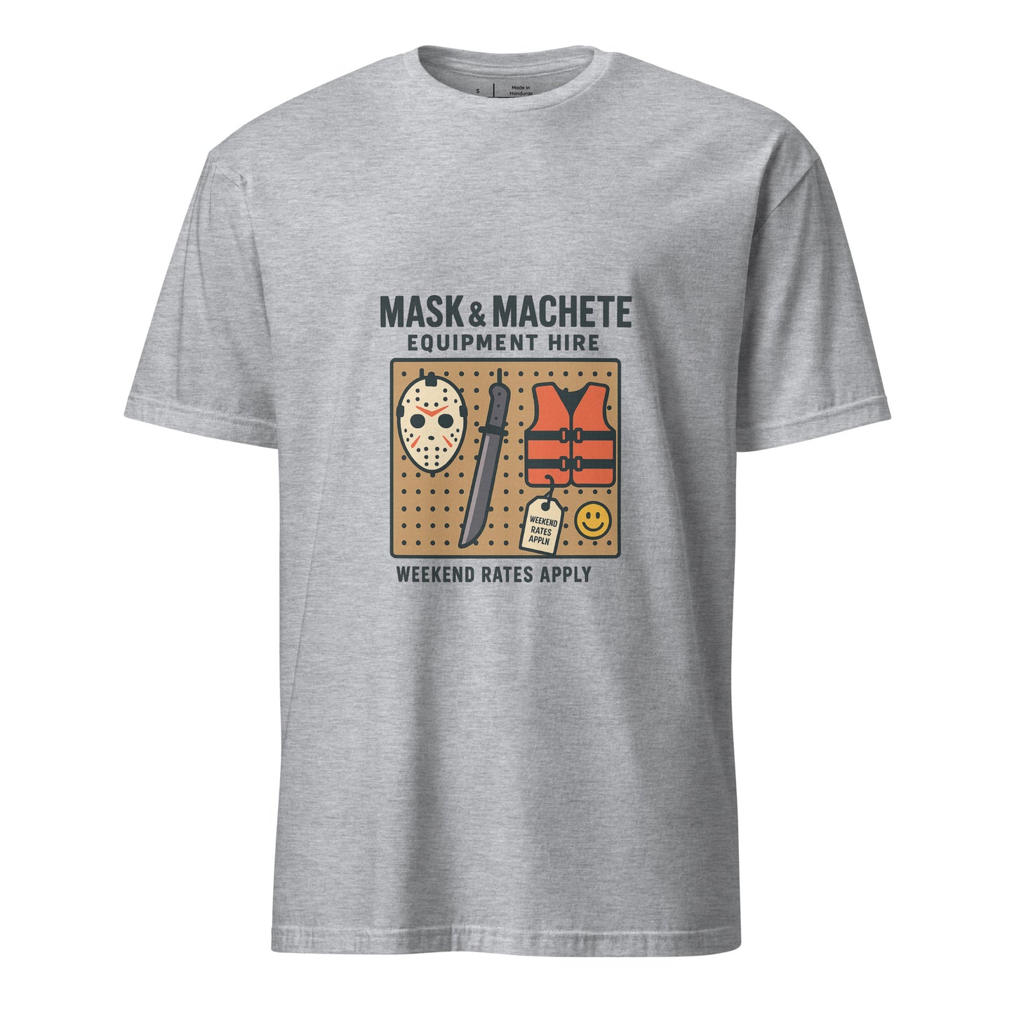 Mask & Machete Equipment Hire – For All Your Slasher Needs - Short-Sleeve Unisex T-Shirt - Graphic Tee - Sport Grey - Front