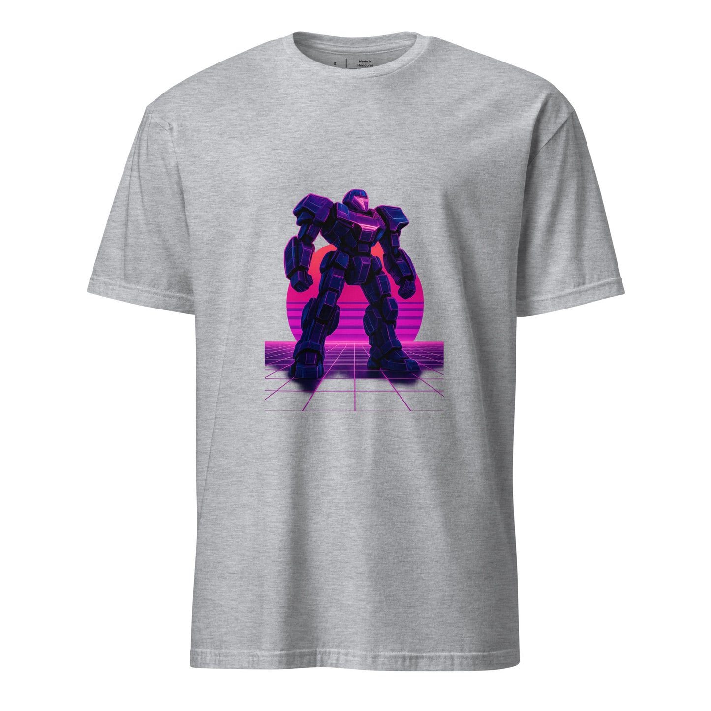 Synthwave Mech – Neon Titan - Short-Sleeve Unisex T-Shirt - Graphic Tee - Sport Grey - Front