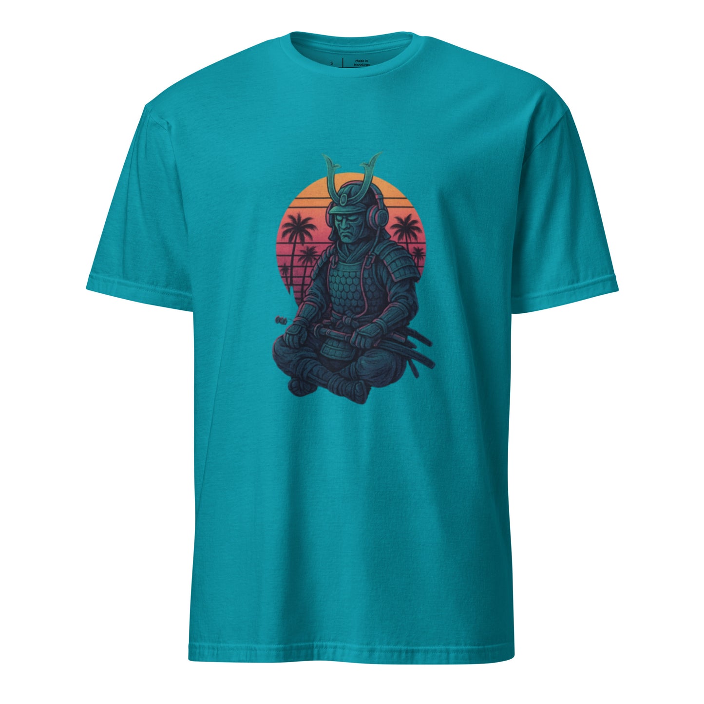 Headphone Samurai - Balance Meets Beats - Short-Sleeve Unisex T-Shirt - Graphic Tee - Tropical Blue - Front