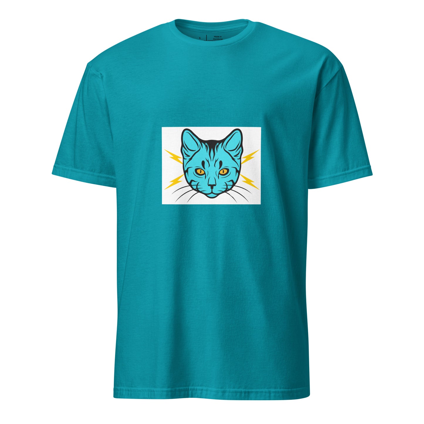Electro Cat - Urban Cartoon Feline - Short-Sleeve Unisex T-Shirt - Graphic Tee - Tropical Blue - Front