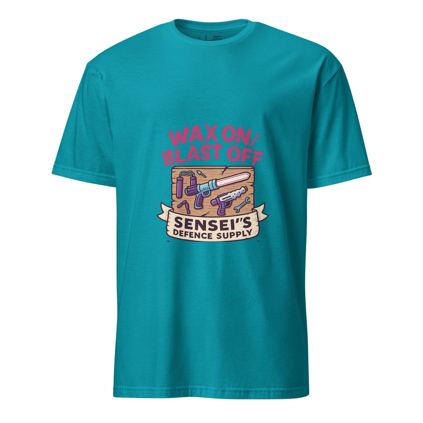 Wax On/Blast Off – Retro Karate Space - Short-Sleeve Unisex T-Shirt - Graphic Tee - Tropical Blue - Front