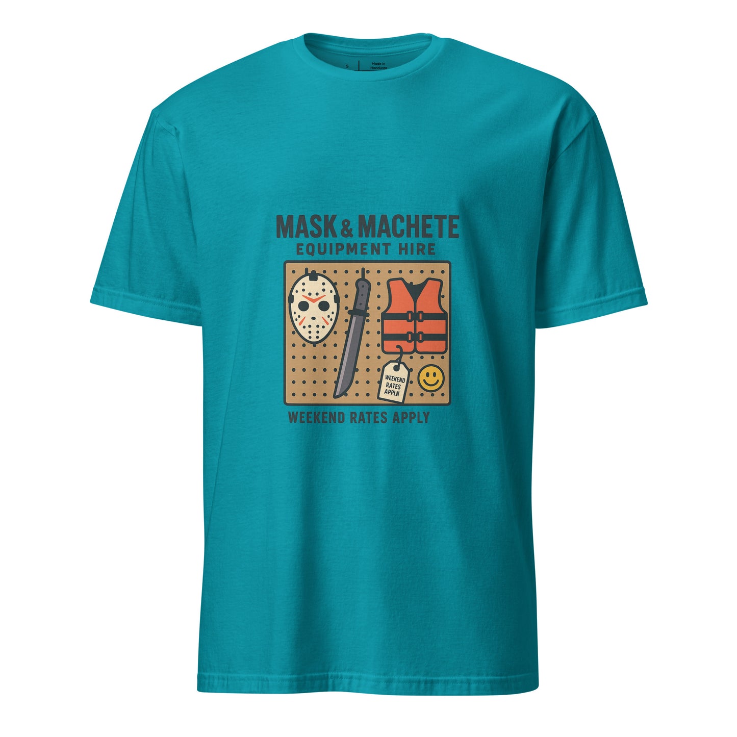 Mask & Machete Equipment Hire – For All Your Slasher Needs - Short-Sleeve Unisex T-Shirt - Graphic Tee - Tropical Blue - Front