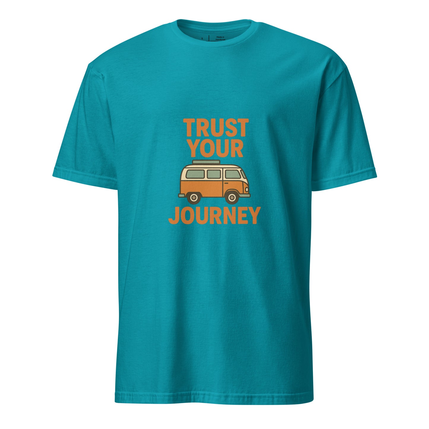 Trust Your Journey – Retro Camper Van - Short-Sleeve Unisex T-Shirt - Graphic Tee - Tropical Blue - Front
