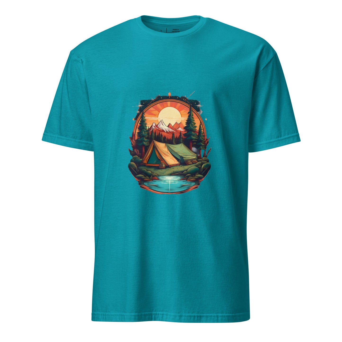 Golden Escape – Twin Tent Adventure - Short-Sleeve Unisex T-Shirt - Graphic Tee - Tropical Blue - Front
