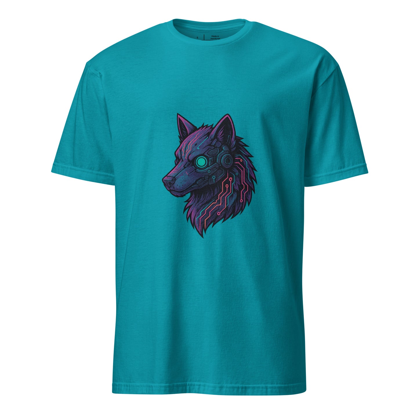 Cyber Wolf – Neon Sentinel - Short-Sleeve Unisex T-Shirt - Graphic Tee - Tropical Blue - Front