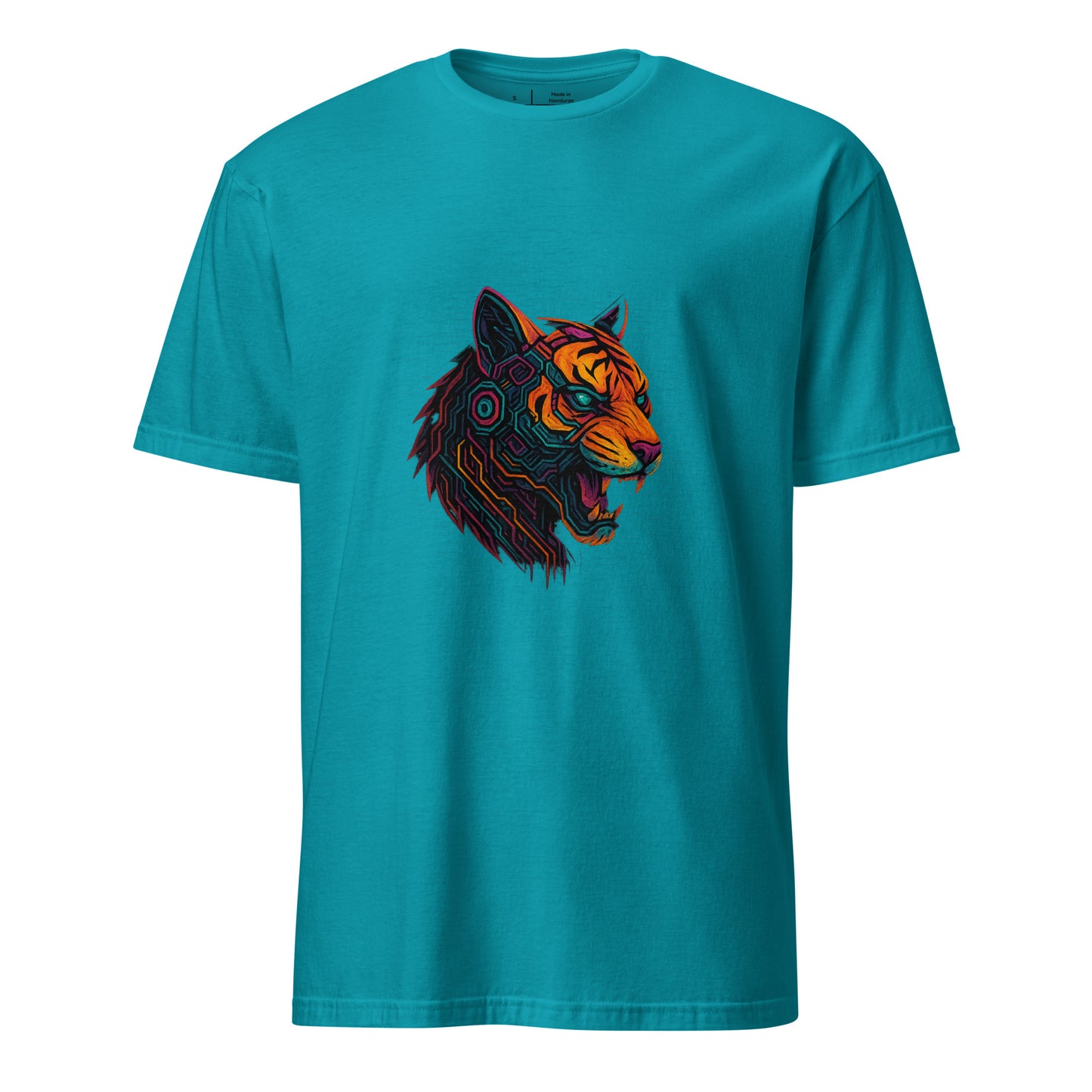 Cyber Tiger – Neon Predator - Short-Sleeve Unisex T-Shirt - Graphic Tee - Tropical Blue - Front