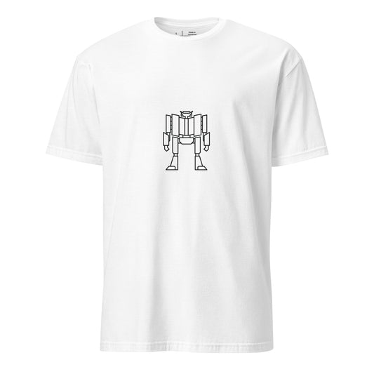 Mech Minimalist 5 - Black Line-Art Robot Design - Short-Sleeve Unisex T-Shirt - Graphic Tee - White - Front