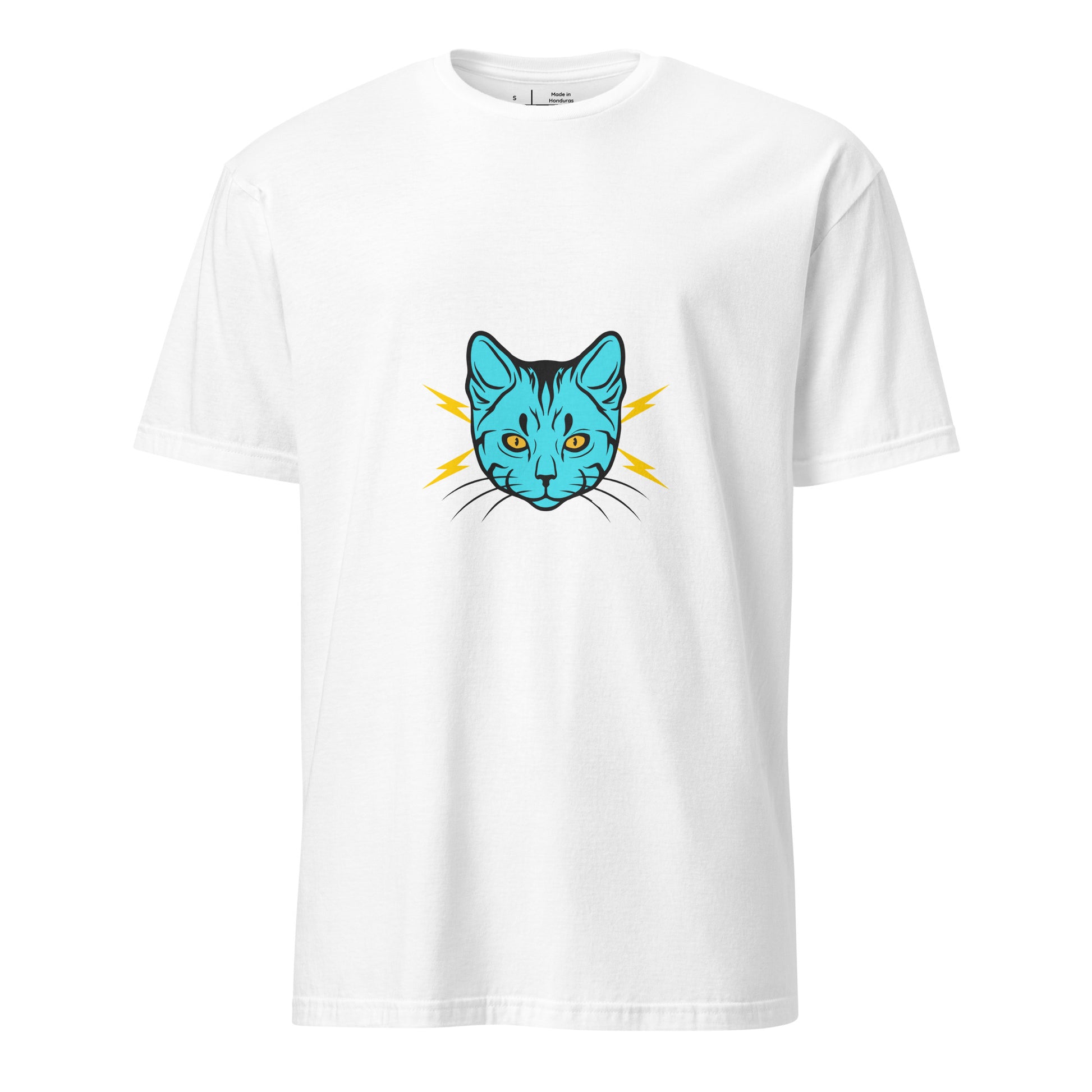 Electro Cat - Urban Cartoon Feline - Short-Sleeve Unisex T-Shirt - Graphic Tee - White - Front