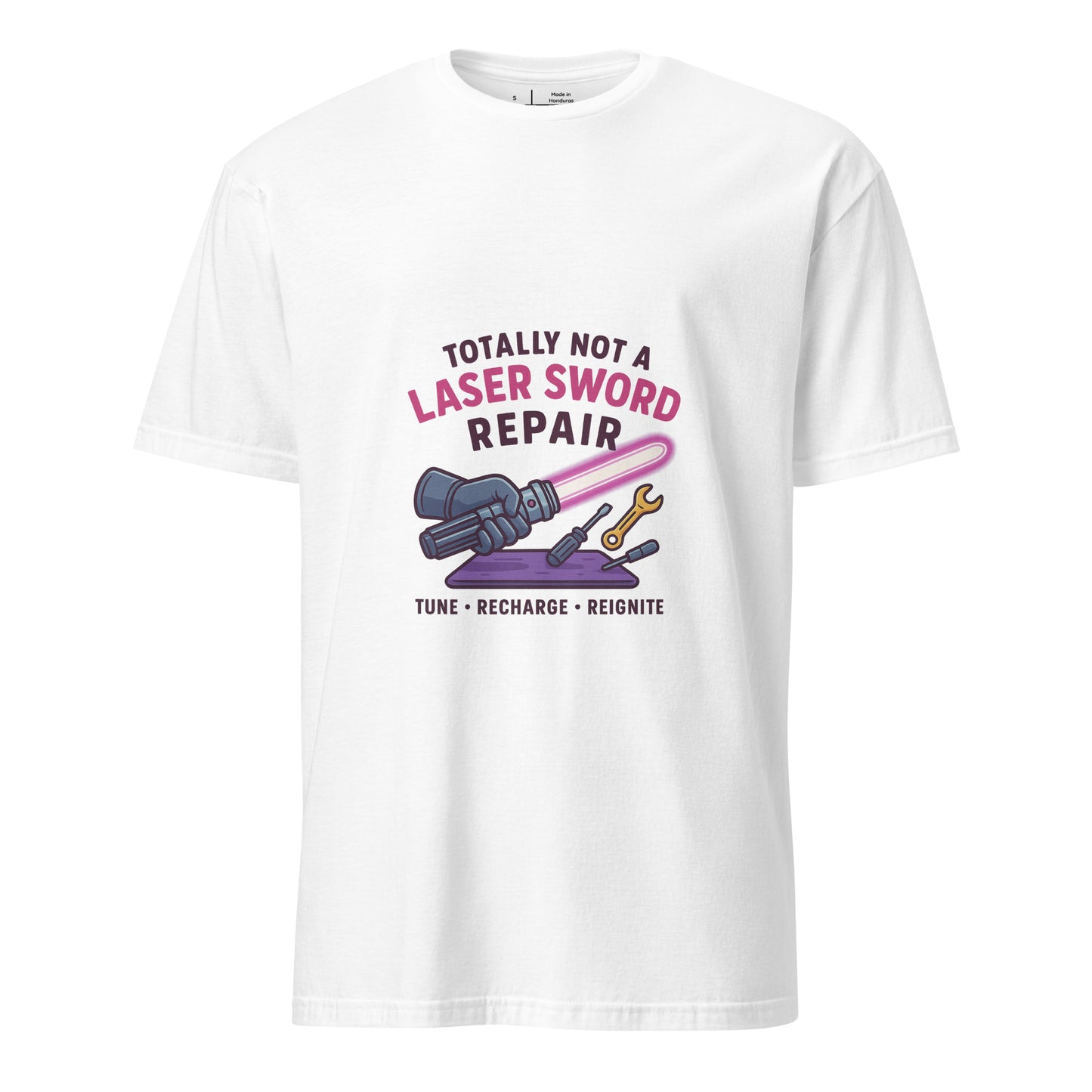 Totally Not A Laser Sword Repair – Galactic Fixes, Off The Books - Short-Sleeve Unisex T-Shirt - Graphic Tee - White - Front