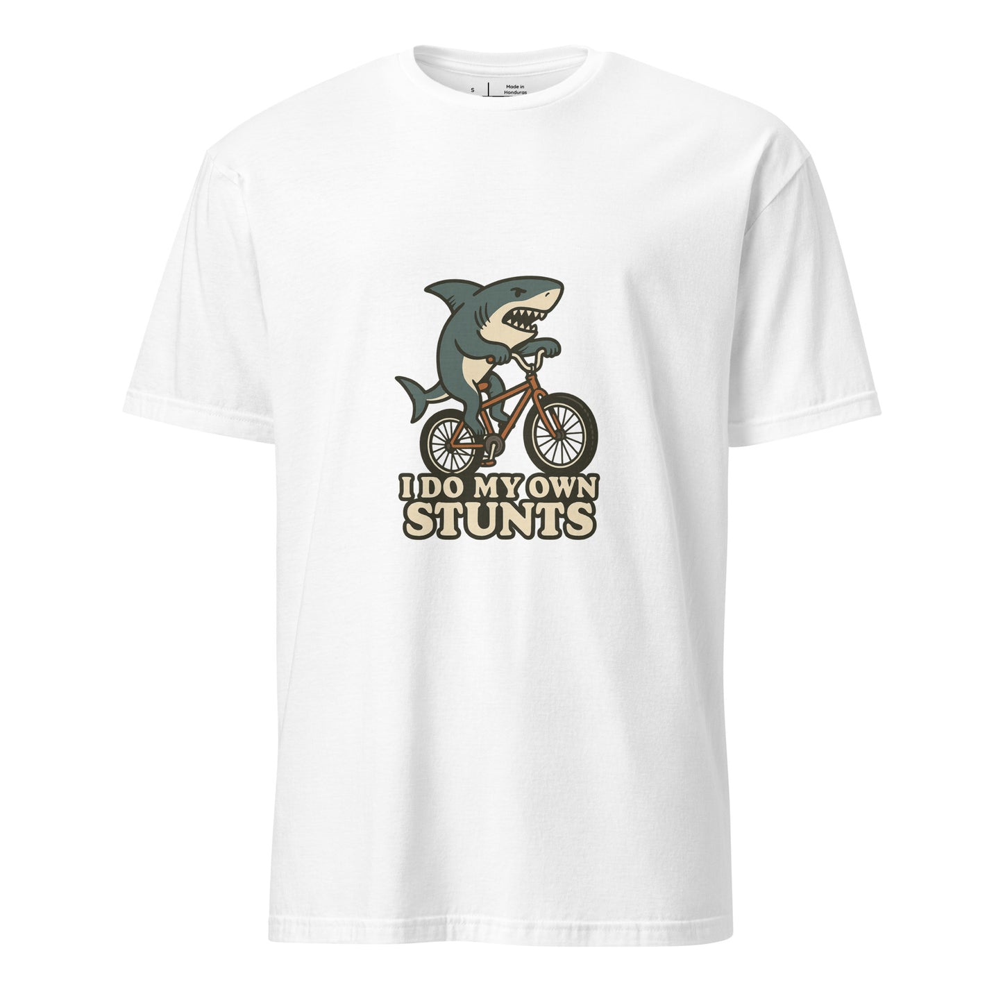 I Do My Own Stunts – Cartoon Shark BMX  - Short-Sleeve Unisex T-Shirt - Graphic Tee - White - Front