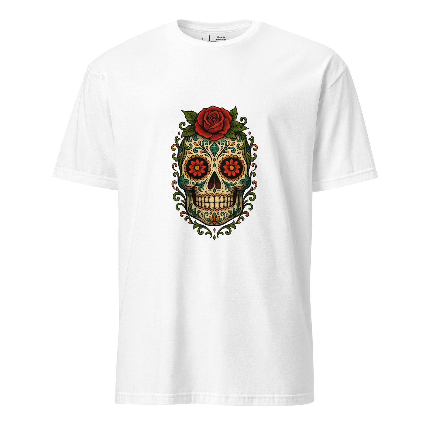Day Of The Dead – Red Rose Skull Edition - Short-Sleeve Unisex T-Shirt - Graphic Tee - White - Front