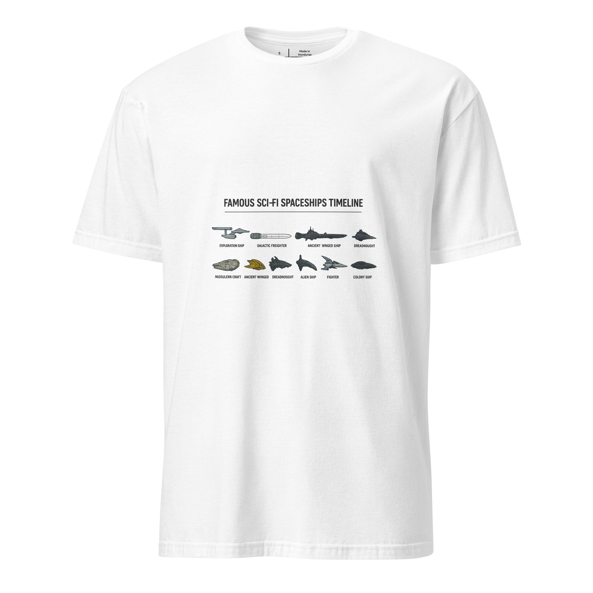 Famous Sci-Fi Starships Timeline – Legendary Vessels - Short-Sleeve Unisex T-Shirt - Graphic Tee - White - Front