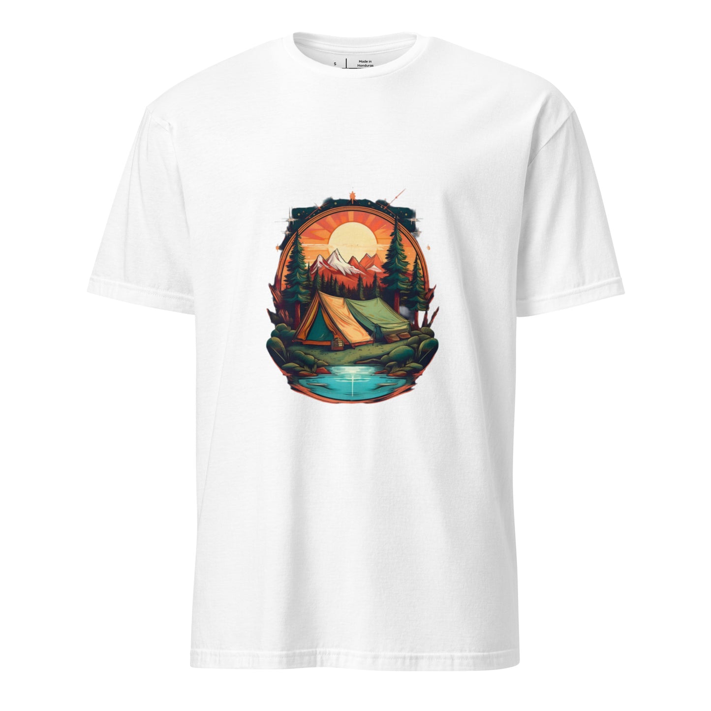 Golden Escape – Twin Tent Adventure - Short-Sleeve Unisex T-Shirt - Graphic Tee - White - Front