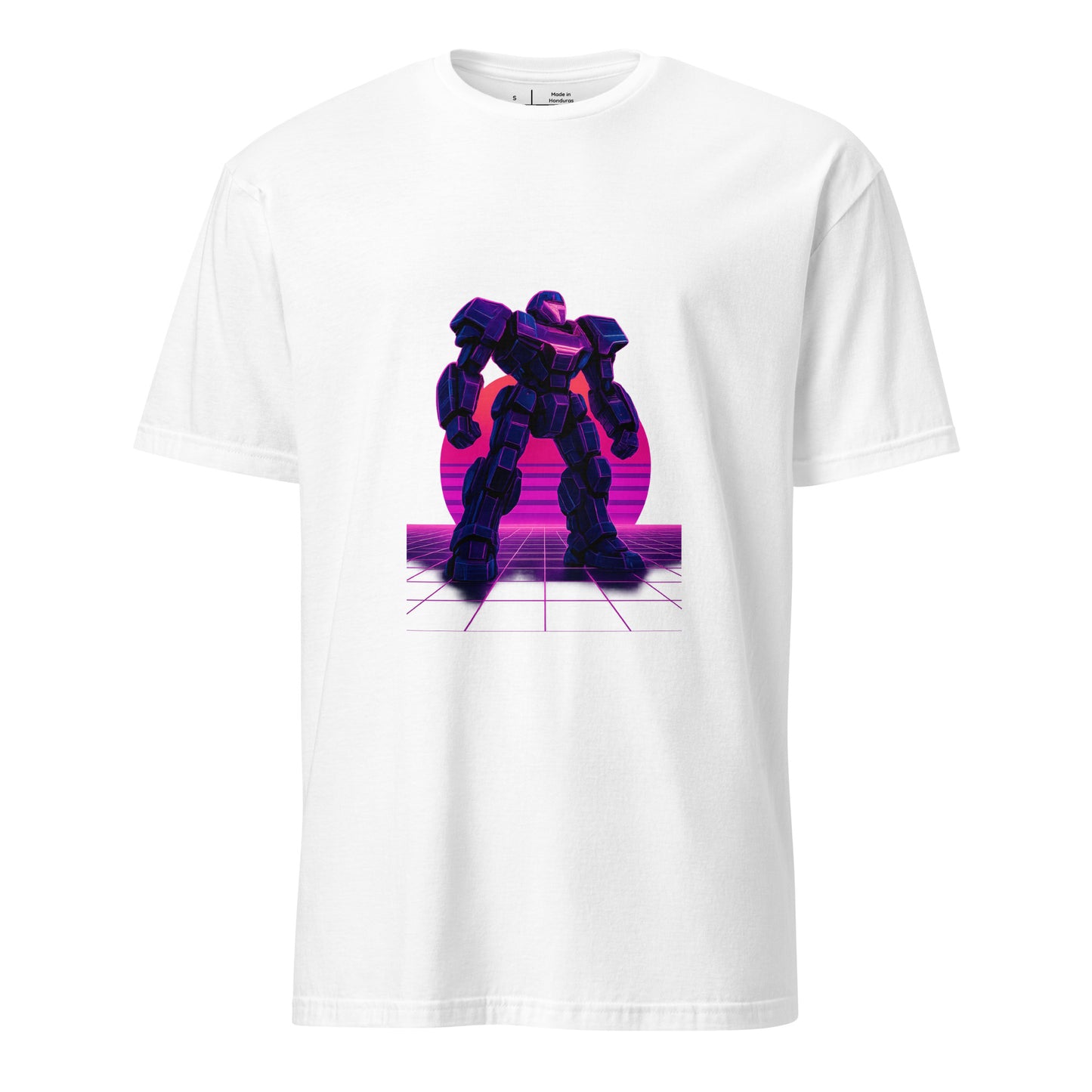 Synthwave Mech – Neon Titan - Short-Sleeve Unisex T-Shirt - Graphic Tee - White - Front