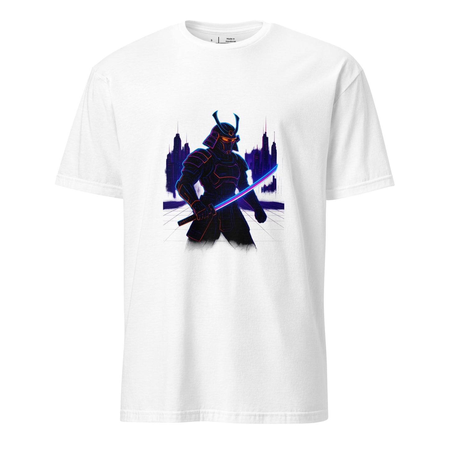 Neon Samurai - Cyberpunk Samurai - Short-Sleeve Unisex T-Shirt - Graphic Tee - White - Front